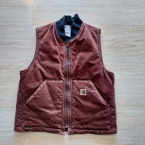 Carhartt Other - Vintage Carhartt Duck Canvas Quilted Lined Vest Zip Burgundy Men Made in USA